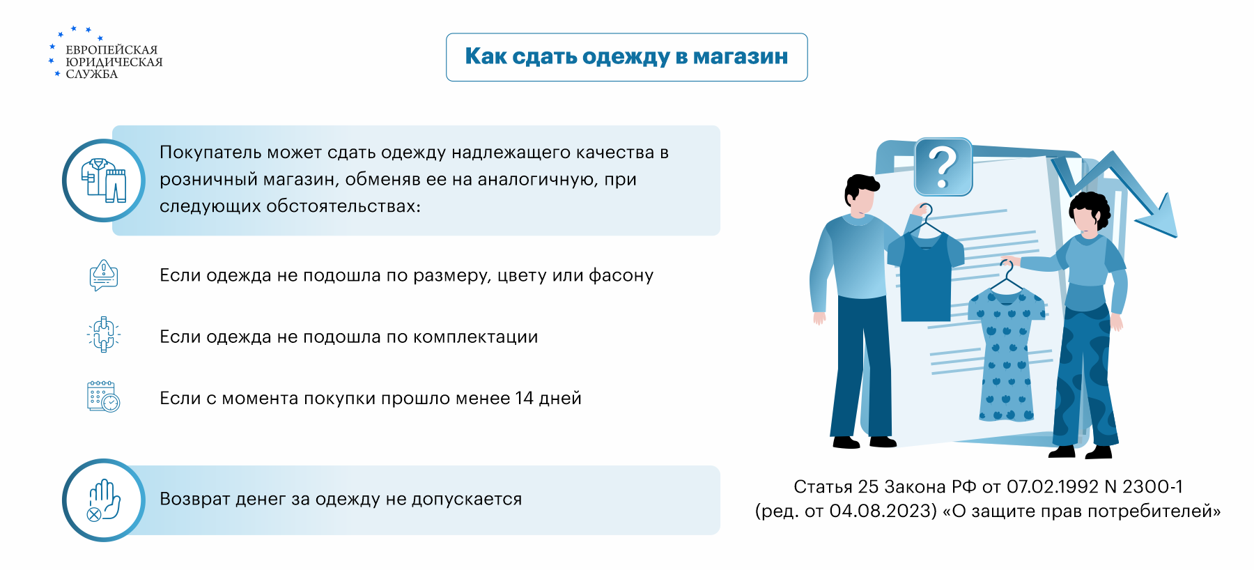 Основания для возврата одежды в магазин по закону: как вернуть вещь в течение и после 14 дней